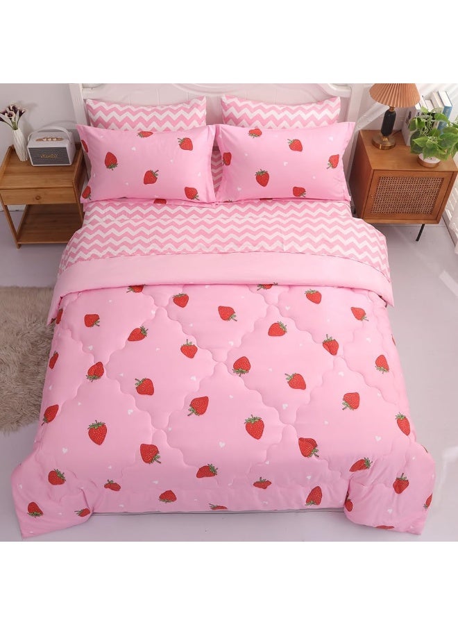 Gusuhome Strawberry Comforter Bedding Set Full Size for Girls 7 Piece Pink Kawaii Comforter Set Bed in A Bag for Kids Teens All Season (1 Comforter,1 Flat Sheet,1 Fitted Sheet and 4 Pillow Sham) - Image 5